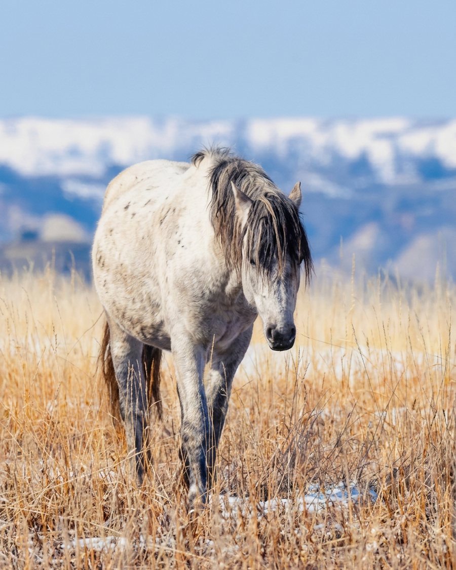 Stallion Grey, a light gray wild horse photograph printed as fine art by Rhoda J. Dutchak