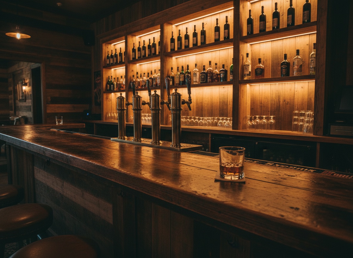 A rustic wooden bar with beer taps and warm back-bar lighting