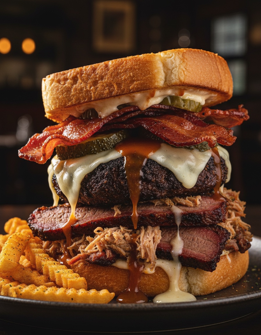 An enormous burger served inside a grilled cheese sandwich