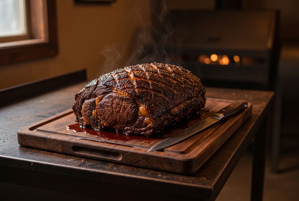 A finished smoked prime rib roast resting on a wooden carving board