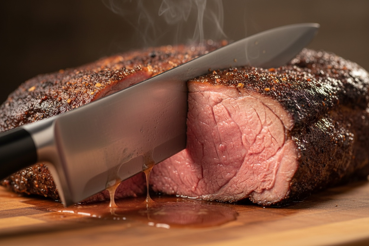 A knife slicing smoked prime rib to reveal a rosy medium-rare centre
