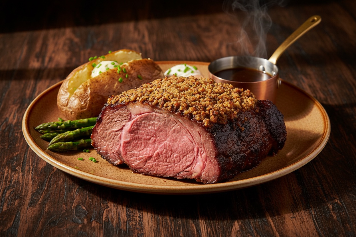 A plated king cut of smoked prime rib with a baked potato and grilled asparagus
